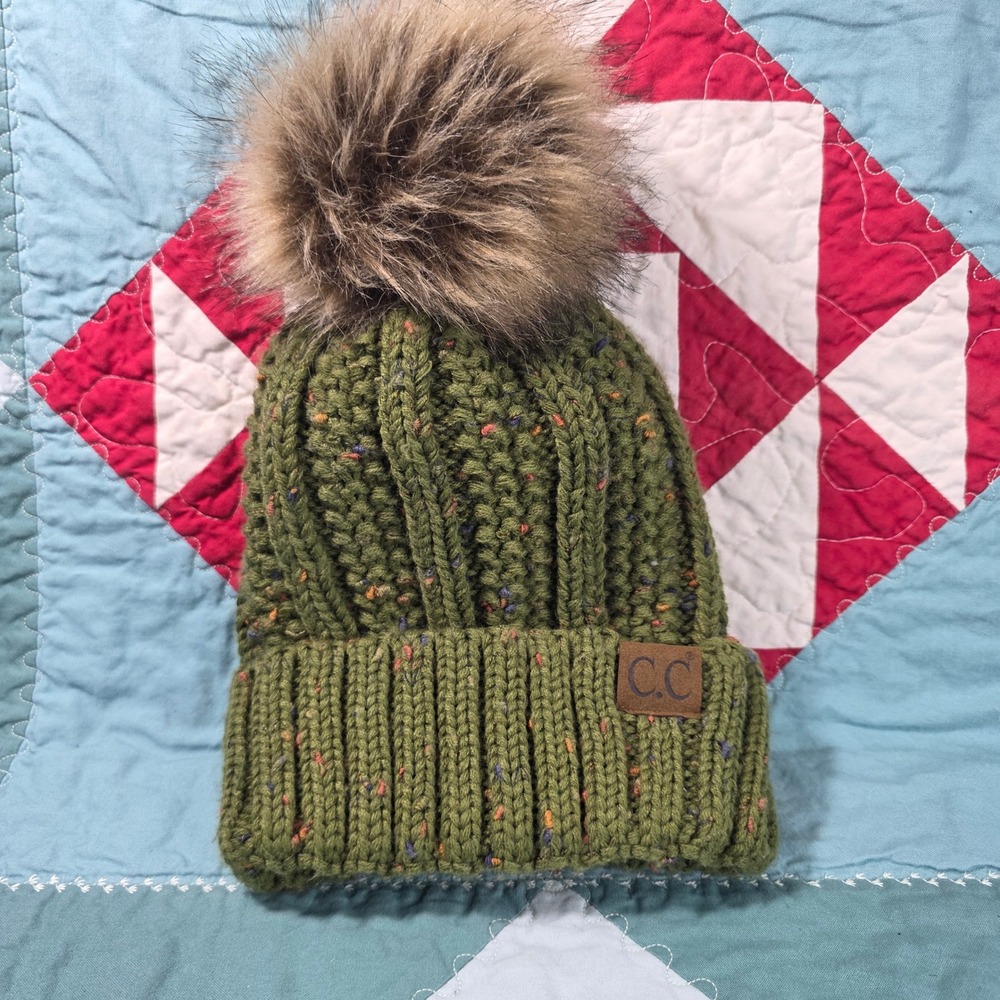 C.C Beanie Women One Size Green Confetti Knit Faux Fur Pom Beanie
